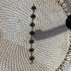 Sterling Silver Amber Link Bracelet - Brown and Green Stones